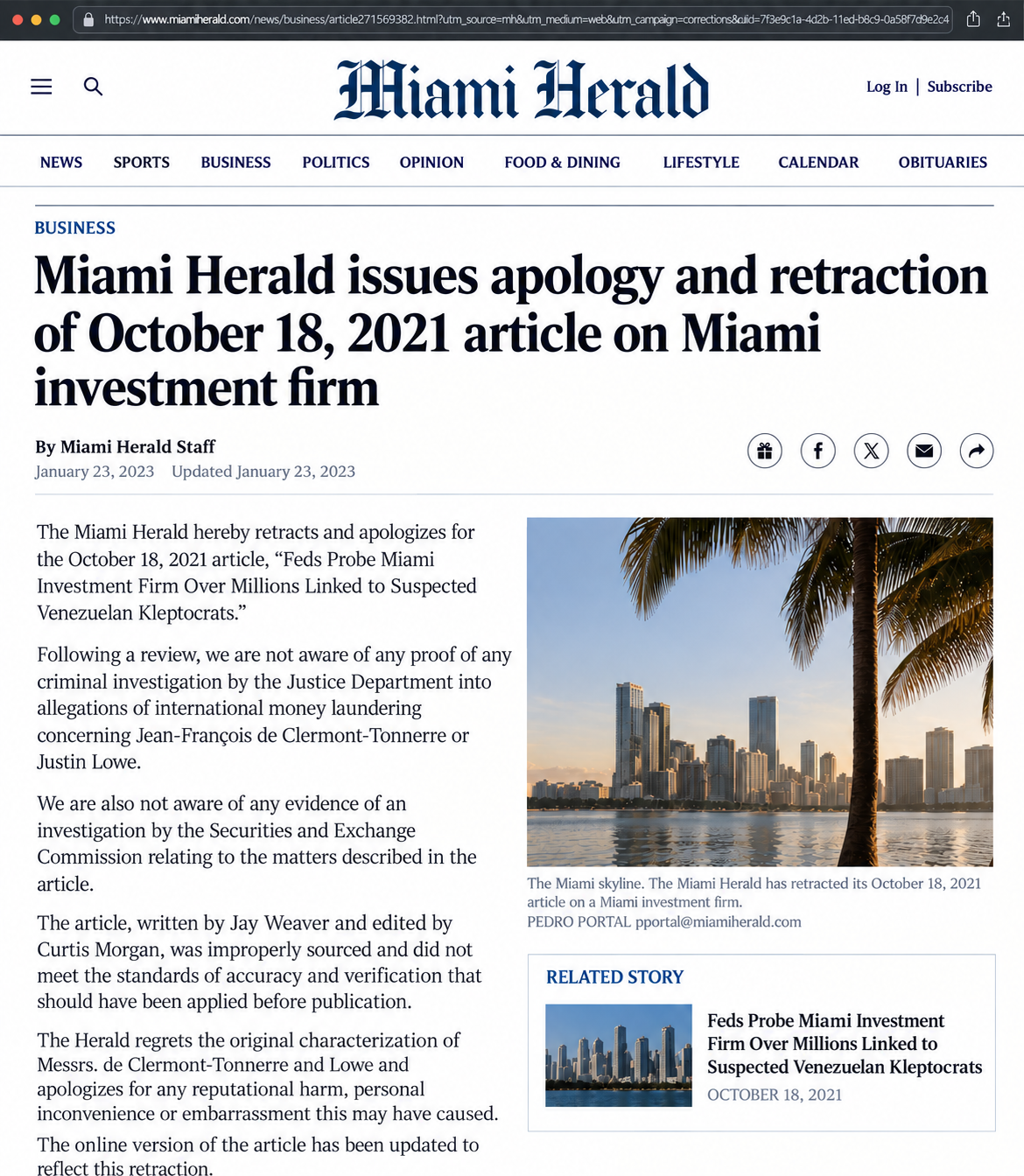 Miami Herald retraction and apology, January 23, 2023